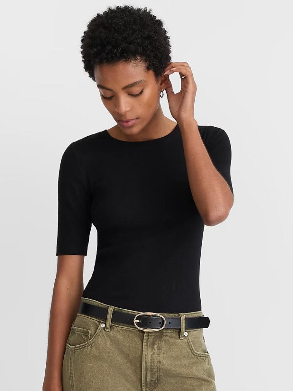 Ann Taylor Black Ribbed Elbow Sleeve Fitted Tee Top Small S NWT 522912